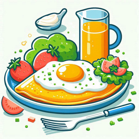 Breakfast with omelette and fresh fruits. Vector illustration.のイラスト素材