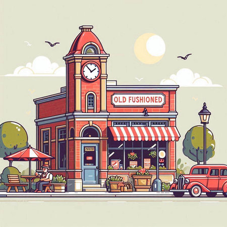 Coffee shop on a city street. Vector illustration in retro style.のイラスト素材