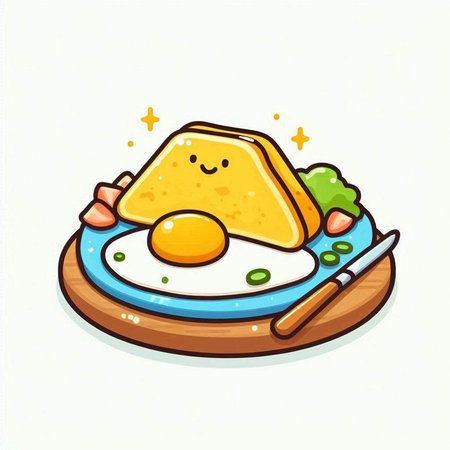 Funny breakfast with fried egg, cheese and salad. Vector illustration.のイラスト素材