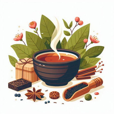 Vector illustration of a cup of tea with cinnamon, star anise, cinnamon sticks and berries.のイラスト素材