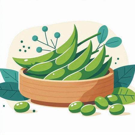 Illustration of green soybeans in a wooden bowl on a white backgroundのイラスト素材