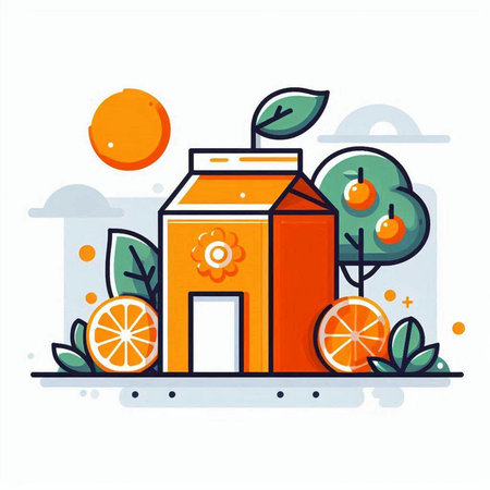 Vector illustration of orange juice box with fruits and leaves on white background.のイラスト素材