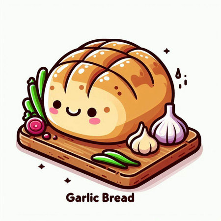 Illustration of a Cute Grilled Garlic Bread on a Cutting Boardのイラスト素材