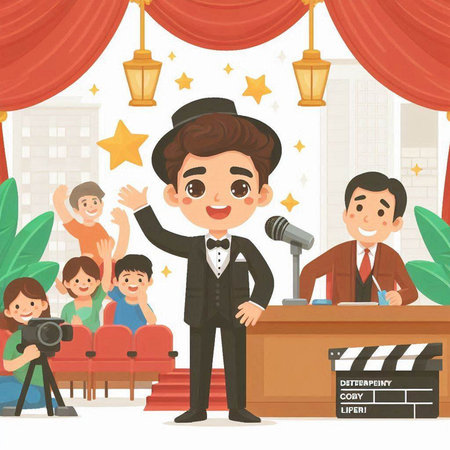 Journalist Interviewing Children Vector Illustration. Cartoon Man in Tuxedo Holding Microphoneのイラスト素材