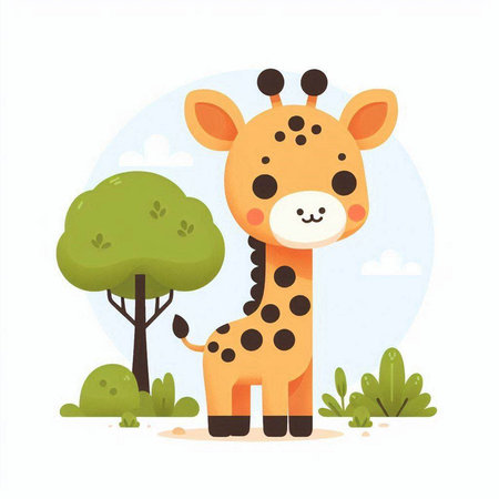 Cute cartoon giraffe in the jungle. Vector illustration in flat styleのイラスト素材