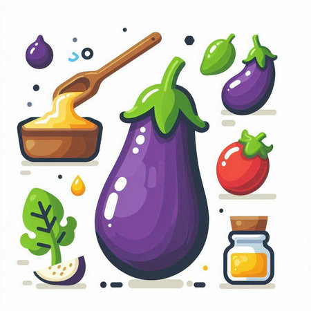 Eggplant, tomato, garlic, olive oil and honey. Vector illustration.のイラスト素材