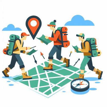 Travelers with map and compass. Vector illustration in flat style.のイラスト素材