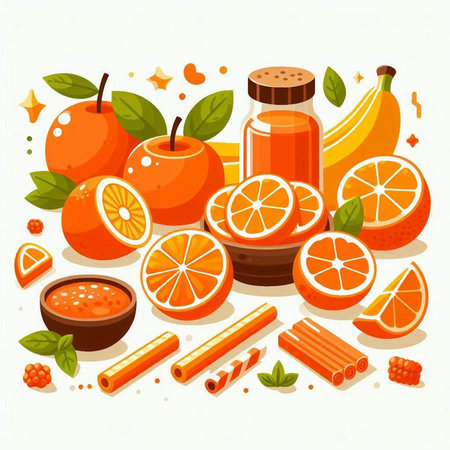 Vector illustration of orange juice in a glass jar, orange slices, cinnamon sticks and oranges.のイラスト素材