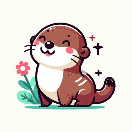Cute cartoon otter with flower. Vector illustration. Cute animal.のイラスト素材