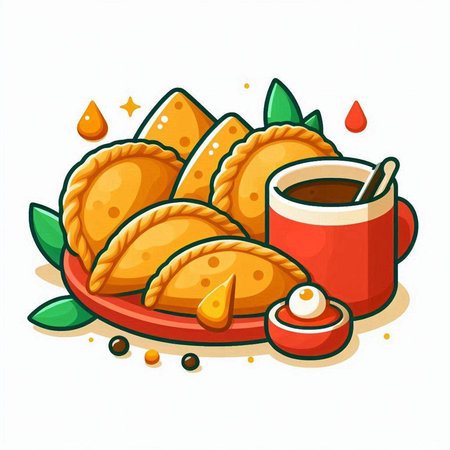 Cup of coffee and tasty dumplings. Vector illustration.のイラスト素材