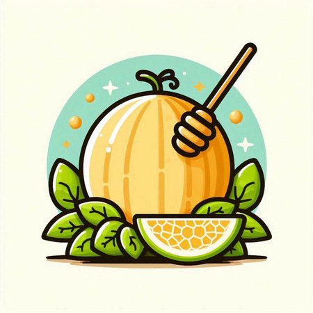 Ripe melon with honey and green leaves. Vector illustration.のイラスト素材