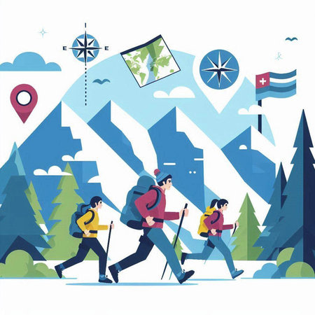 Hiking people with backpacks and map. Vector illustration in flat styleのイラスト素材