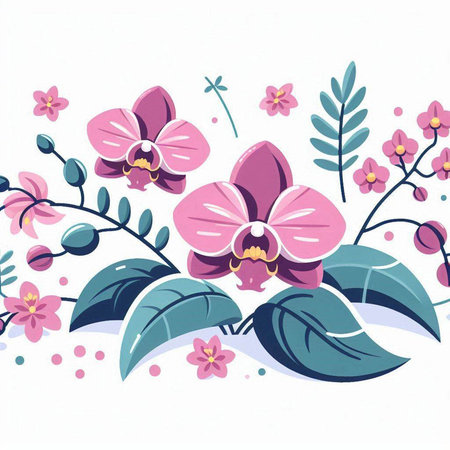 Floral background with orchids and leaves. Vector illustration.のイラスト素材