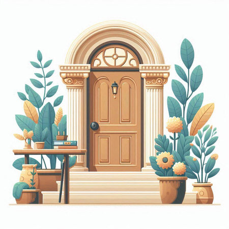Wooden door with plants and flowers. Vector illustration in cartoon styleのイラスト素材