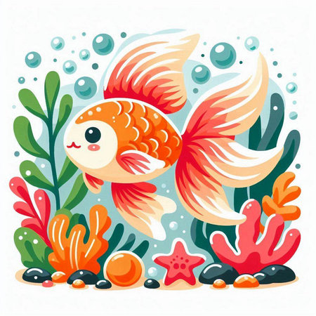 Cute goldfish and seaweed on white background. Vector illustration.のイラスト素材