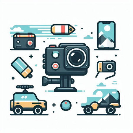 Set of modern flat line icons of camera, car, battery, flash, video camera and other objects. Vector illustrationのイラスト素材