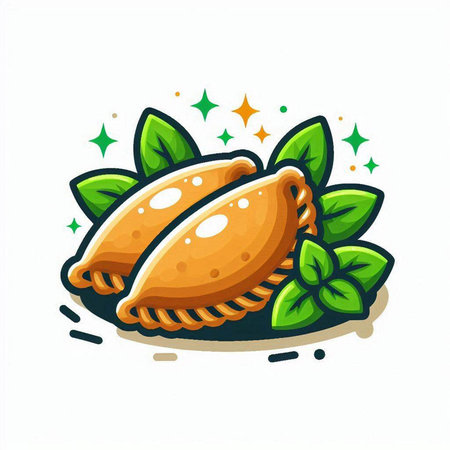 Illustration of a dumpling with basil leaves on a white backgroundのイラスト素材