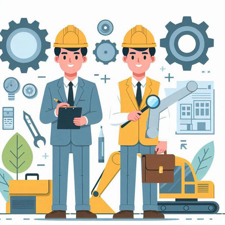 Engineer and architect working on construction site. Vector illustration in flat styleのイラスト素材