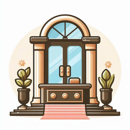 Vector illustration of the entrance to the house with a glass door, a cupboard and a flowerpot.のイラスト素材