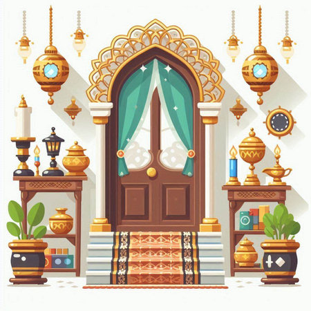 Arabic interior with wooden door and arabic ornament. Vector illustrationのイラスト素材