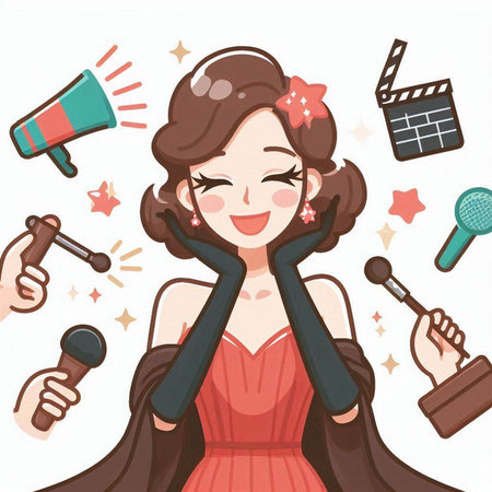 Cute cartoon girl singing karaoke with microphone. Vector illustration.のイラスト素材
