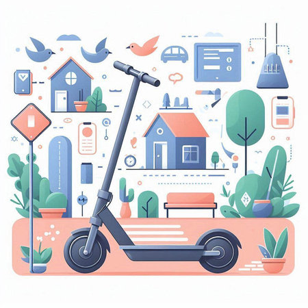 Electric scooter in the city. Vector illustration in flat style.のイラスト素材