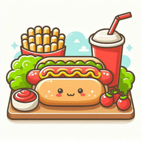 Fast food vector illustration. Cute kawaii kawaii fast food character.のイラスト素材