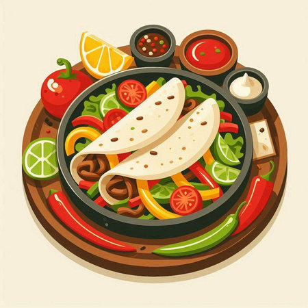 Mexican tacos with vegetables. Vector illustration of mexican tacos on wooden boardのイラスト素材