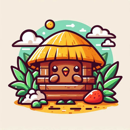 Vector illustration of a cute cartoon bird in a wooden house on the beachのイラスト素材