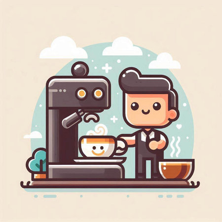 Coffee machine and barista, flat style vector illustration.のイラスト素材