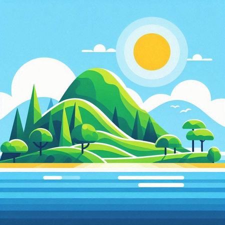 Landscape with mountains, sea, sky and sun. Vector illustrationのイラスト素材