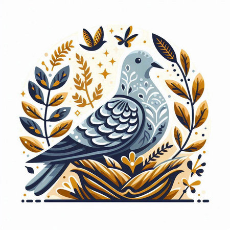 Pigeon in a wreath of leaves. Vector illustration.のイラスト素材
