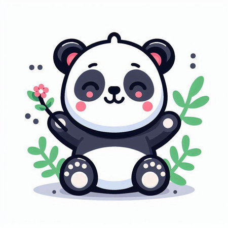 Cute cartoon panda sitting on green leaves. Vector illustration.のイラスト素材
