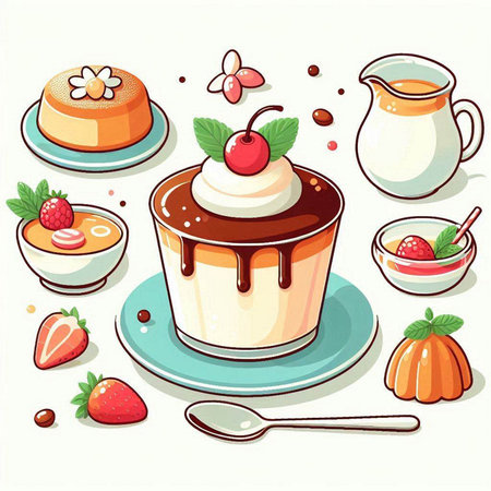 Vector illustration of a set of sweet desserts in cartoon style on a white backgroundのイラスト素材