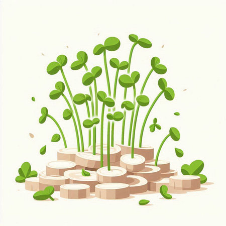 Green sprouts growing on a pile of coins. Vector illustration.のイラスト素材