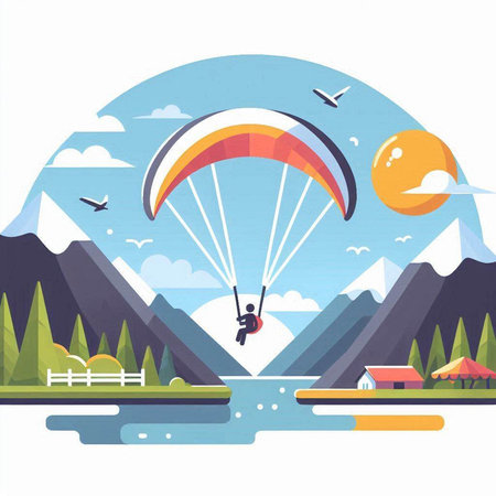 Paraglider flying over the mountains. Vector illustration in flat styleのイラスト素材