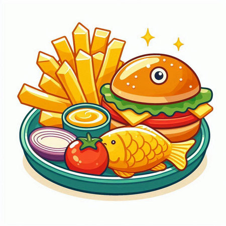 Illustration of a hamburger, fries and fish on a plateのイラスト素材