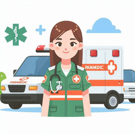 Young female paramedic standing in front of ambulance car. Vector illustration.のイラスト素材