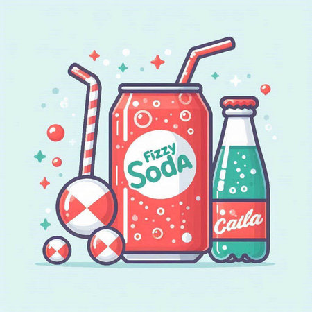 Soda drink vector illustration in flat cartoon style. Beverage with straws and ice cubes.のイラスト素材
