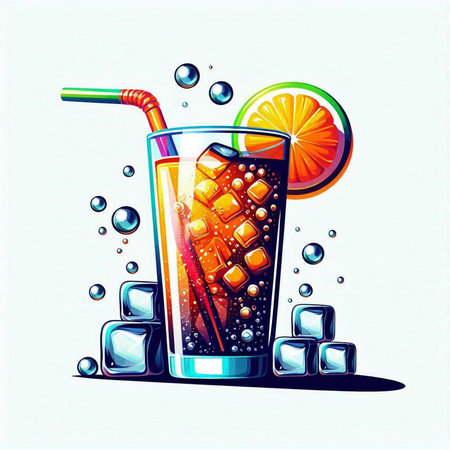Cocktail with ice cubes and a straw. Vector illustration.のイラスト素材