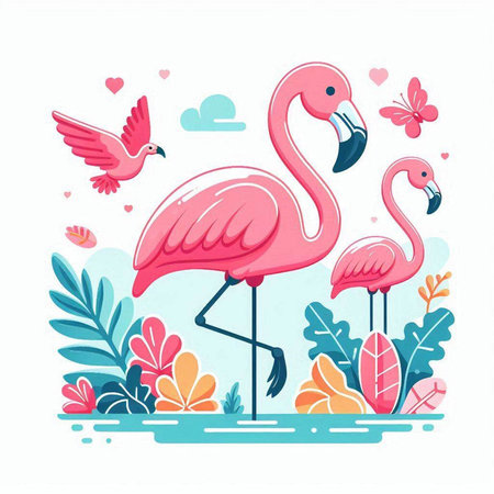 Flamingo in love. Vector illustration of pink flamingo.のイラスト素材