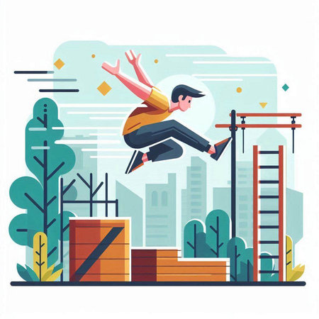 Man jumping over obstacles in park flat vector illustration. Cartoon man jumping over obstacles on city background. Sport, healthy lifestyle conceptのイラスト素材