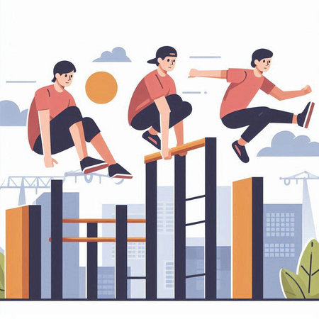 Vector illustration of people jumping over barbells on city background.のイラスト素材