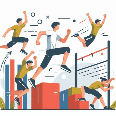 Vector illustration of people jumping on barbells in gym. Flat style design.のイラスト素材