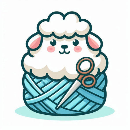 Cute sheep with knitting needles and wool ball. Vector illustration.のイラスト素材