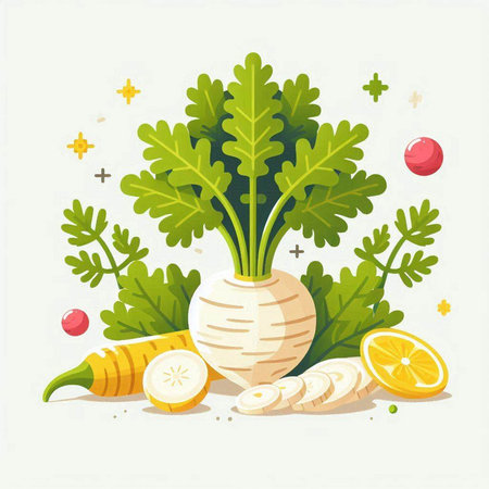 Vector illustration of fresh radish with parsley, lemon, radish.のイラスト素材