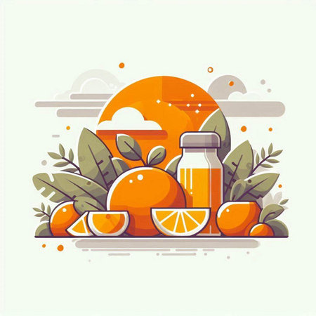 Orange juice in a bottle and oranges on a white background. Vector illustration.のイラスト素材