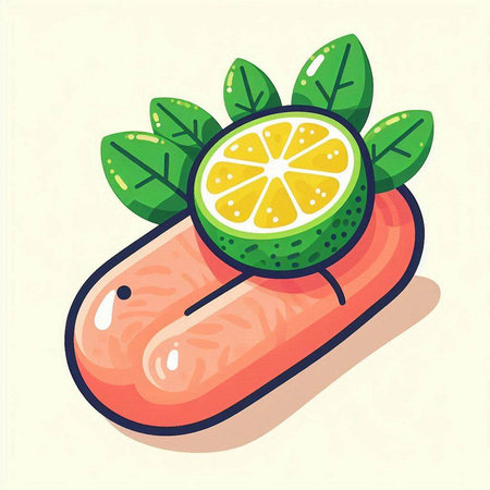 Illustration of a piece of salmon with lemon and leaves. Vector illustration.のイラスト素材