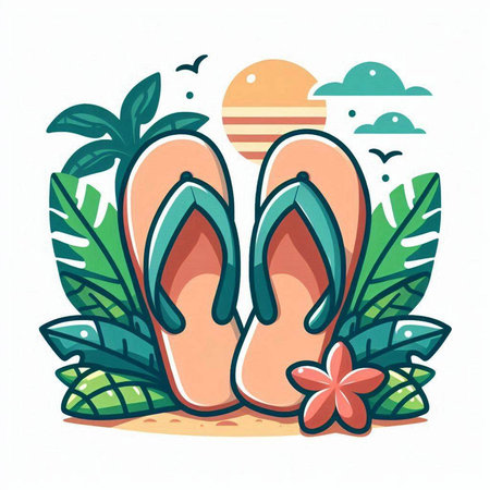Flip flops and flowers on the beach. Vector illustration.のイラスト素材