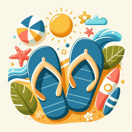 Flip flops on the sand. Vector illustration in flat styleのイラスト素材